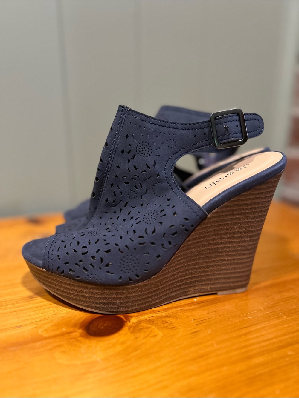 Jasmine Navy Laser-Cut Peep-Toe Wedge Sandals with Ankle Buckle